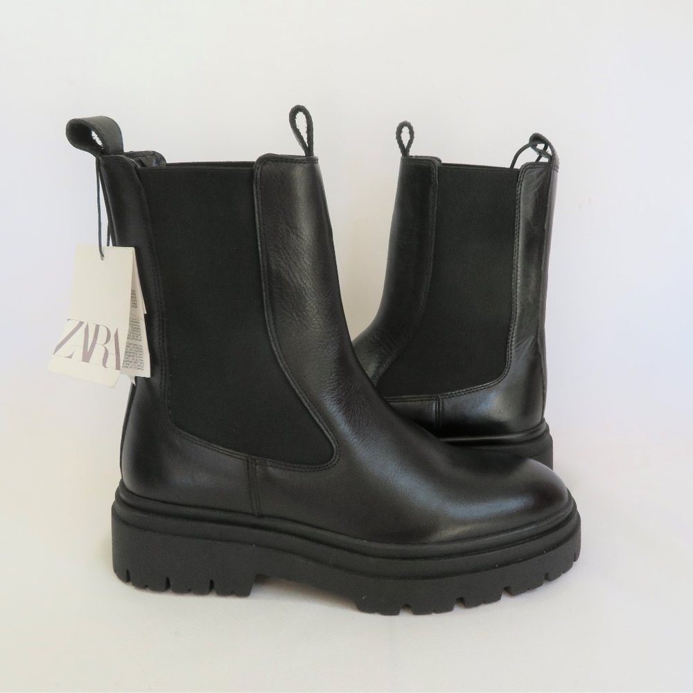 New ZARA Women's Sz 7.5 EU 38 Black Leather Chelsea Chunky Mid-Calf Boots